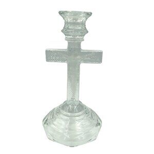 Vintage Crucifix Clear and Frosted Glass Candle Holder Jesus Christ on Cross INR